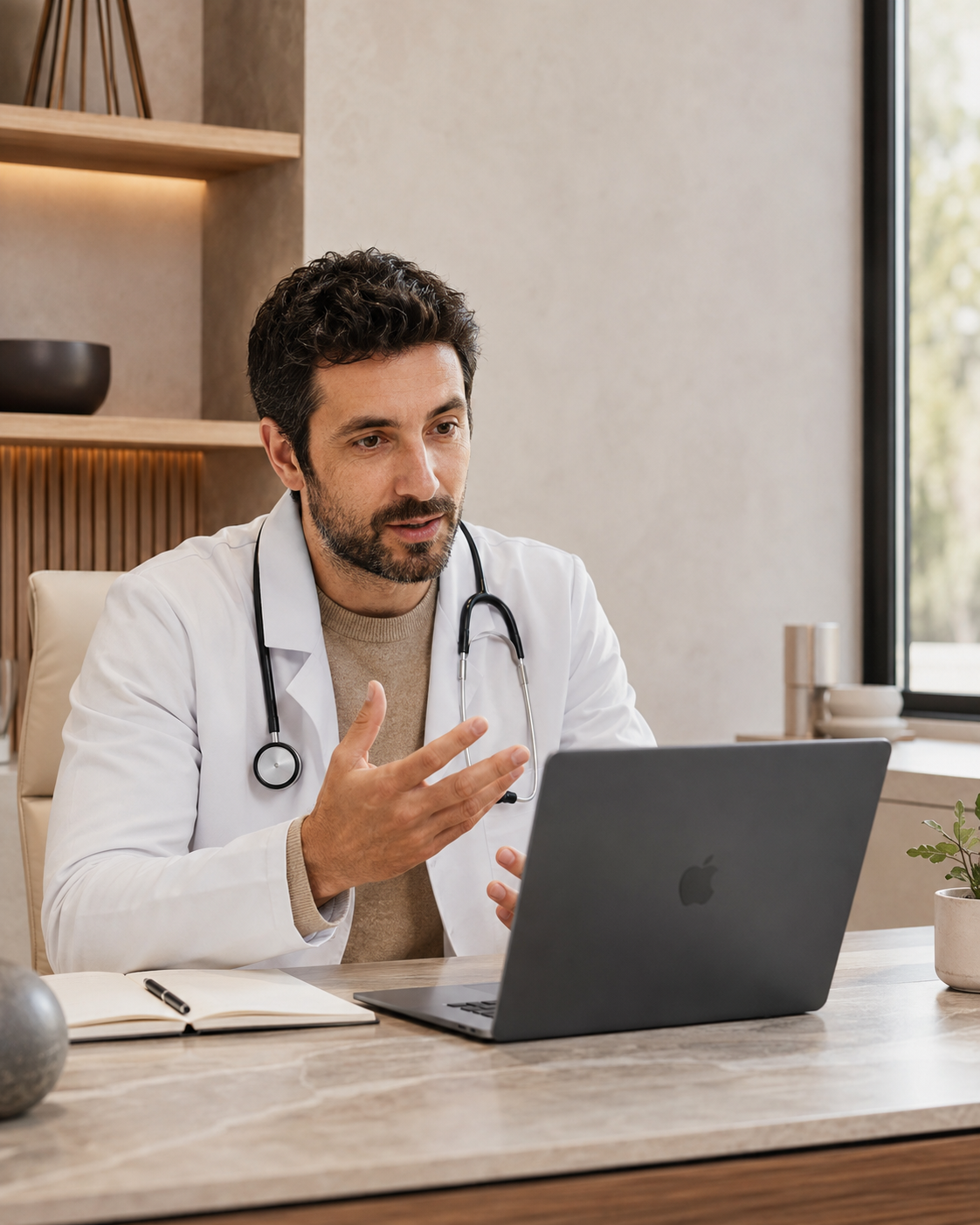 Médico en teleconsulta evaluando a un paciente